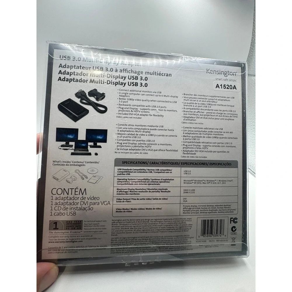 Kensington A1520A USB 3.0 Multi-Display Adapter DVI VGA 1080p Black New